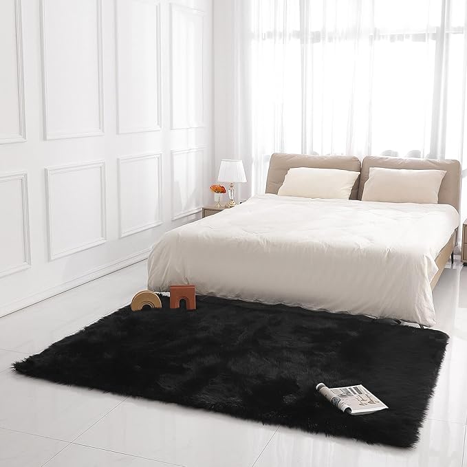 Faux Fur Rug Sheepskin Shag Fluffy Fuzzy 5x7 ft Black Rugs for Bedroom Bedside Bed Floor Living Room Plush Rectangle High-Density Cushion Carpet Super Sofa Cover