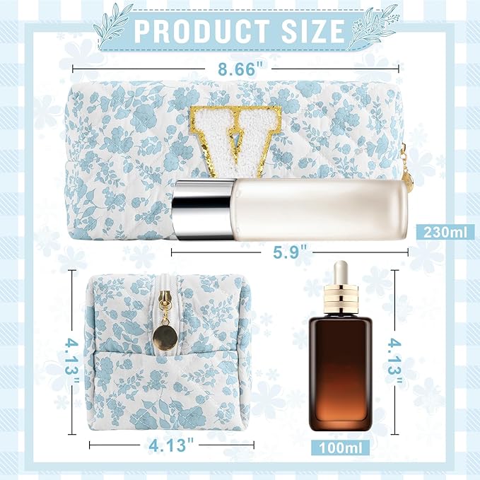 Personalized Quilted Cosmetic Bag, Puffy Monogrammed Christmas Birthday Gifts for Women & Girls, Cute initial Floral Makeup Bag Puffer Coquette Bag, Aesthetic Travel Toiletry Zipper Pouch(Blue,V)