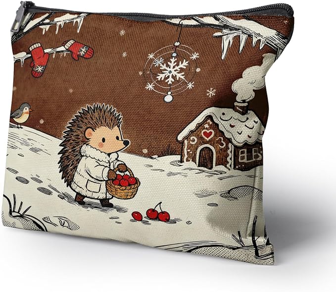 Cafl Hedgehog Winter Snow Makeup Bag Travel Large Cosmetic Bag Organizer toiletry Essentials Jewelry Zipper Bag Gift For Women -10×8 inch