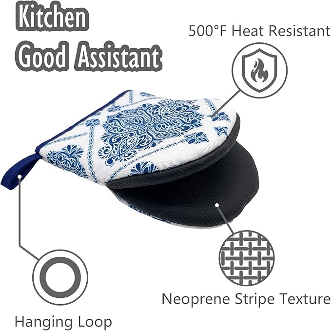 Vintage Navy Blue Floral Boho White Mini Silicone Oven Mitts, Heat Slip Resistant Kitchen Gloves 2-Pack Set, Soft Short Small Oven Mittens Pot Holders for Baking Grilling Barbecue Microwave Gift