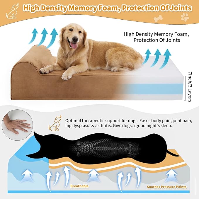 Rainmr Orthopedic Dog Beds for Large Dogs, 7" Memory Foam Dog Beds with Waterproof Liner, Durable Microsuede Cover, Removable and Washable, Nonskid Bottom, 60"x48"x7" XXL Khaki