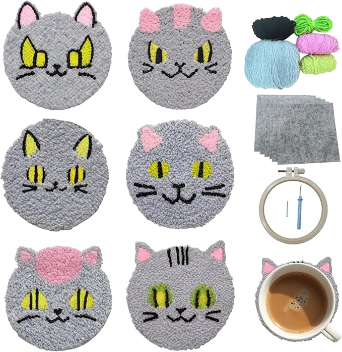 57lilina Punch Needle Coaster Kit for Adults Beginners, 6 Set Complete Animal Cat Punch Needle Stitching Embroidery Art Kit, Step-by-Step Guide Make Punch Needling Drink Coasters for Starter