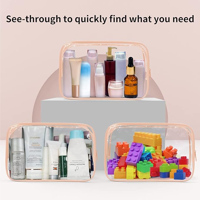 TISRATOK 24 PCS Clear Toiletry Bag for Women Men, Transparent Cosmetic Bag for Travel Makeup Organizer TSA Approved Pouch - Orange-pink,Medium
