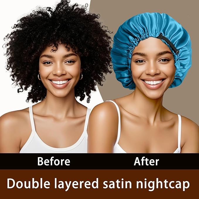 Netcken Large Microfiber Hair Towel Wrap & Satin Bonnet Set for Women, Ultra Absorbent Turban 24x42 Inches & Adjustable Night Cap for Curly Hair, Prevents Frizz & Breakage, Stocking Stuffers