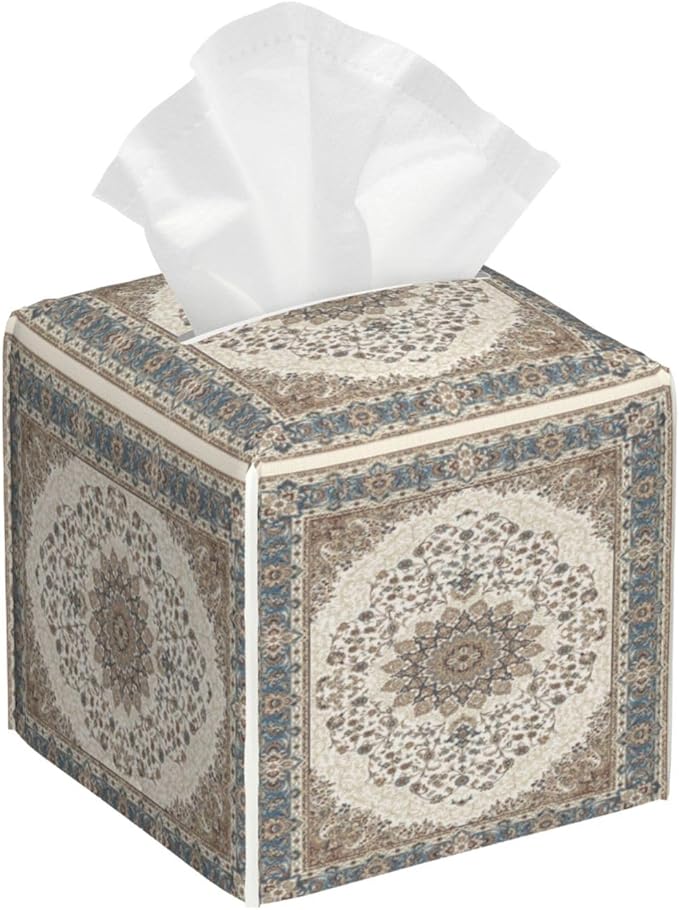 PVC Tissue Box Cover Holder,Vintage Carpet Print Square Decorative Organizer,5.2"X5.2"X5.2" Tissue Case for Bathroom,Tabletop,Car,Office