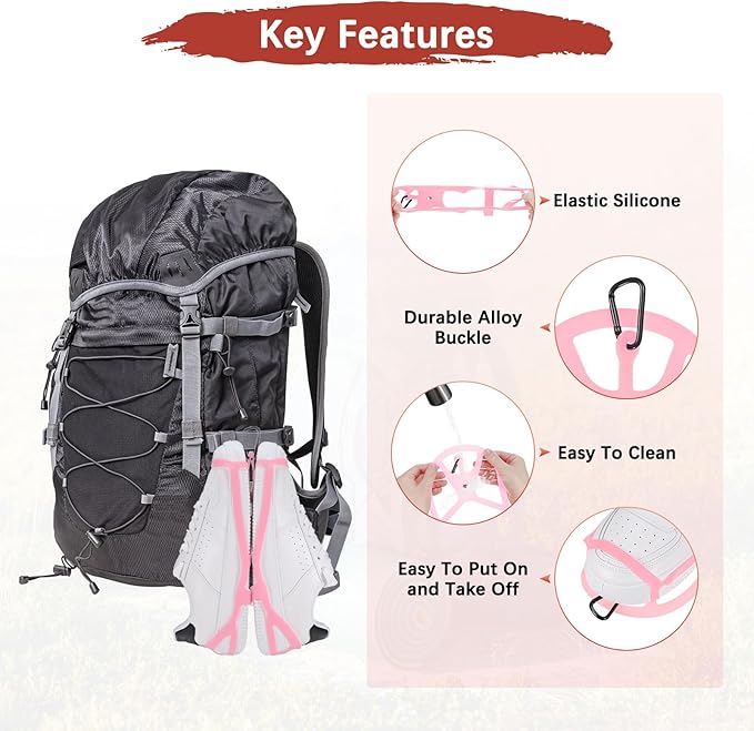 TIXIPEM Shoe Holster for Backpack [1SET] - Elastic Silicone Footwear Holder with Clip Use for Travel & Outdoors & Sports - [Pink-XL] Hang Extra Shoes Cleats Boots