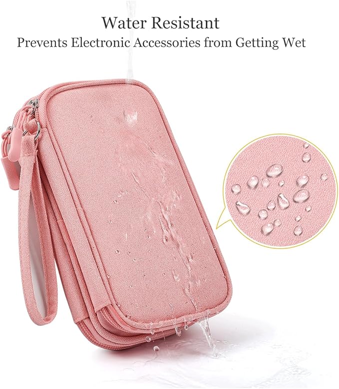 CAAORDKSO Electronic Cable Organizer Bag, Travel Electronic Accessories Carry Case Portable Waterproof Double Layers Storage Bag for Cable, Cord, Charger, Power Bank, Earphone (Light Pink, Medium)