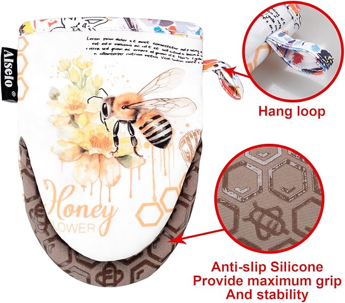 Mini Oven Mitts,2pk - Silicone Little Kitchen Gloves, Heat Resistant with Non-Slip Grip and Soft Quilted Cotton Lining for Safe Backing Cooking Barbecue (Khaki, Bee)