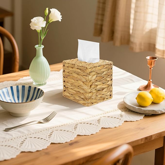 4 Pack Water Hyacinth Tissue Box Cover – Handwoven Rattan Square Holder, Natural Boho Decorative Organizer for Facial Tissues in Bathroom, Living Room, Bedroom & Office