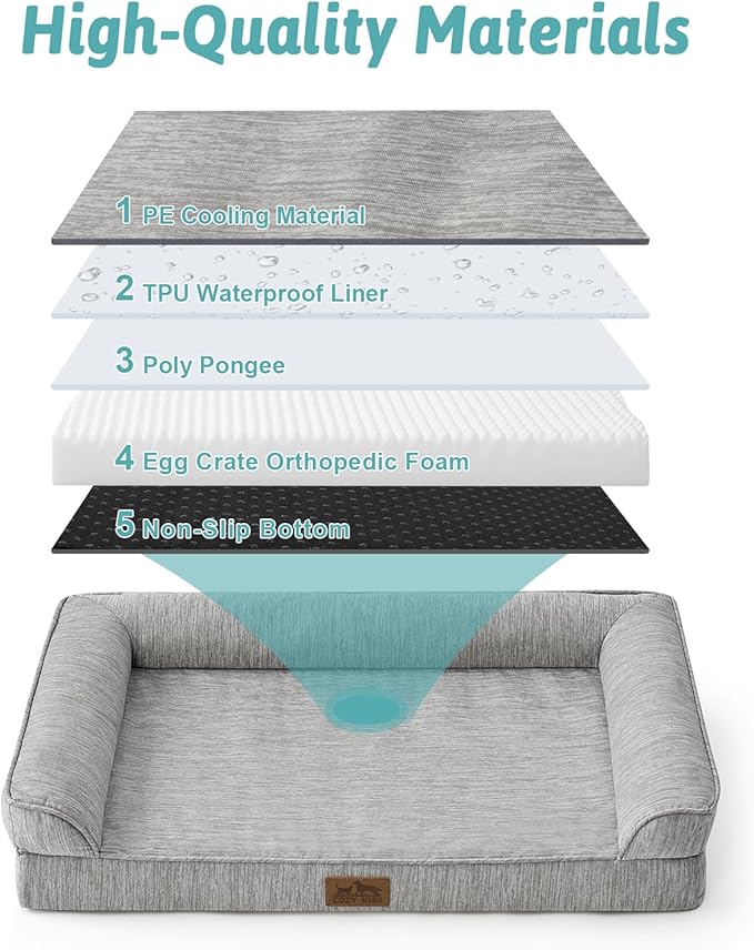 COZY KISS Cooling Dog Bed, Orthopedic Foam Dog Bed with Sides, Removable Cover & Waterproof Lining and Nonskid Bottom, Comfortable Pet Beds for Medium Dogs, Grey (36" L x 27" W x 6.5" Th)