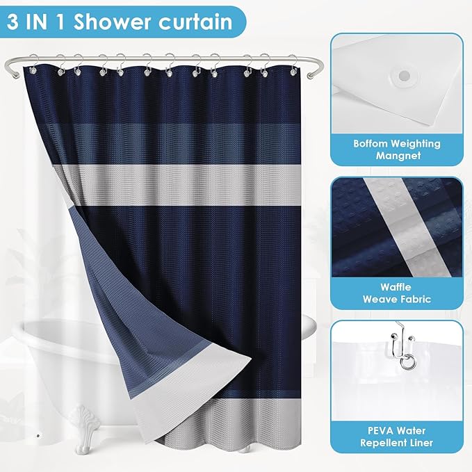 Nesphy Shower Curtain and Liner, Navy Blue Striped 3 in 1 Shower Curtain and PEVA Liner Set with 12 Rust-Resistant Metal Hooks, Waterproof Fabric Shower Curtains for Bathroom, 72 W x 72 H