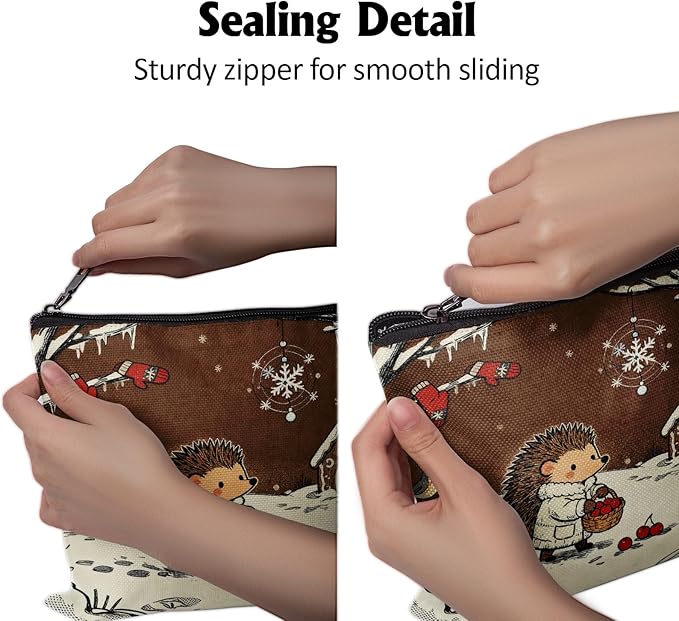 Cafl Hedgehog Winter Snow Makeup Bag Travel Large Cosmetic Bag Organizer toiletry Essentials Jewelry Zipper Bag Gift For Women -10×8 inch