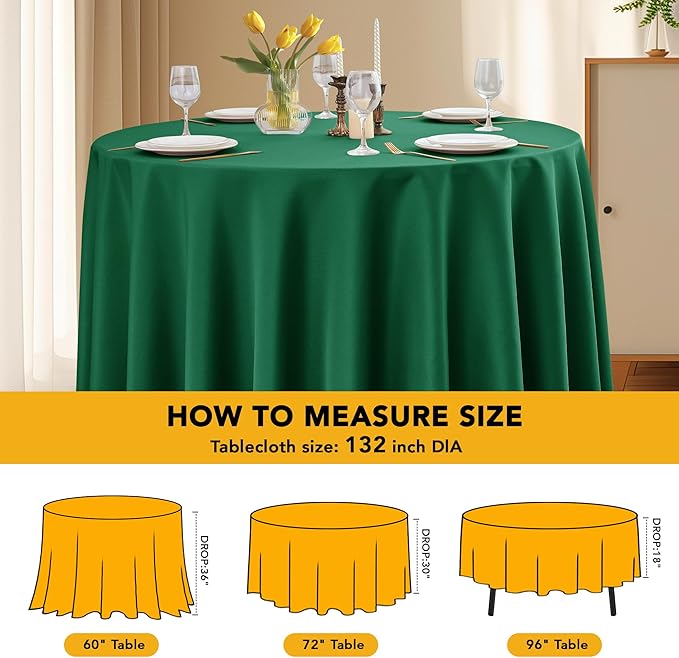 6-Pack Hunter Green Round Tablecloths, 132 Inches, Stain-Resistant Polyester for 6-8 Ft Round Tables - Washable Table Covers for Weddings, Banquets, Birthday Parties, Events