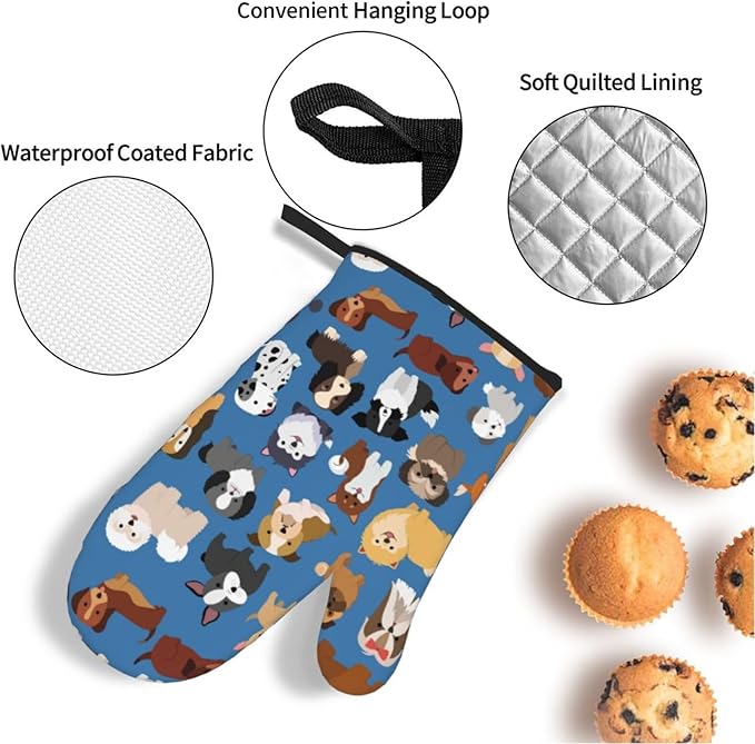 Cute Dogs Blue Oven Mitts and Pot Holders 4 Pcs Set Puppy Animals Oven Gloves and Potholders for Cooking Microwave BBQ Baking Grilling