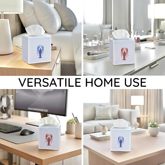 EmbroideryLinen.VN Tissue Box Cover Set of 2, Square Linen Tissue Holder, Printed Animal Pattern, 4.5x4.5x5.5 Inches, Decorative Holder for Bathroom, Living Room, Office (Lobster)