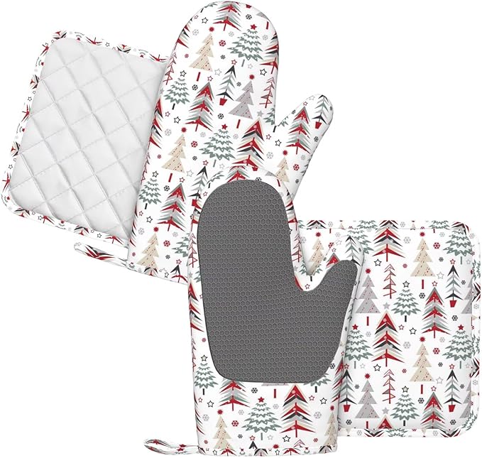 Christmas Trees Oven Mitts and Pot Holders Set, 4pcs Silicone Winter Snowflake Pattern Oven Glove for Kitchen Heat Resistant Christmas Oven Mitts and Potholders Non-Slip for Cooking