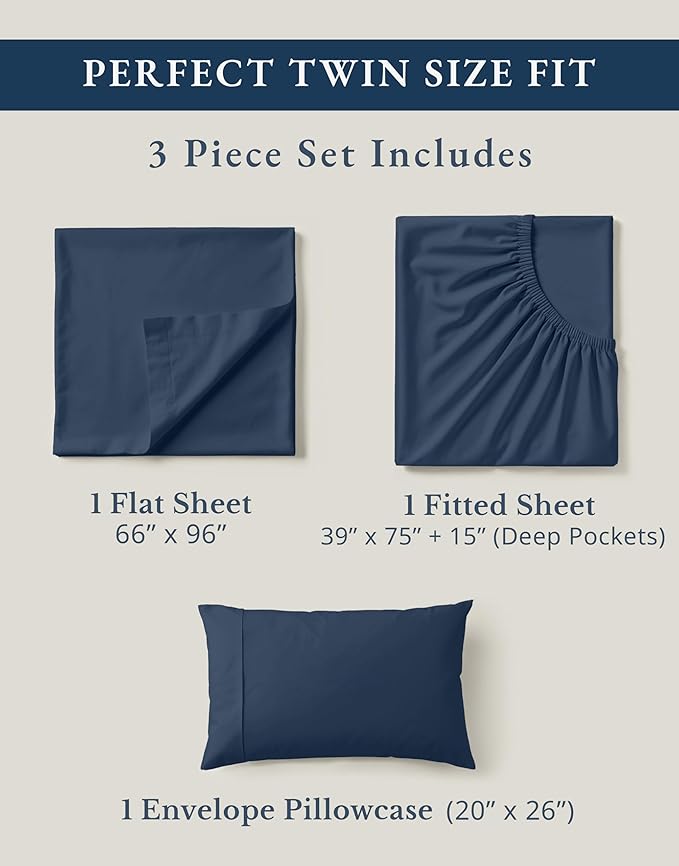 LANE LINEN 100% Organic Cotton Sheets Twin Size, Mercerized Cotton Fully Elasticized Soft & Comfy Bedding Sheets & Pillowcase Set, Good for Dorm Room, Deep Pocket Fully Elasticized Sheet- Navy