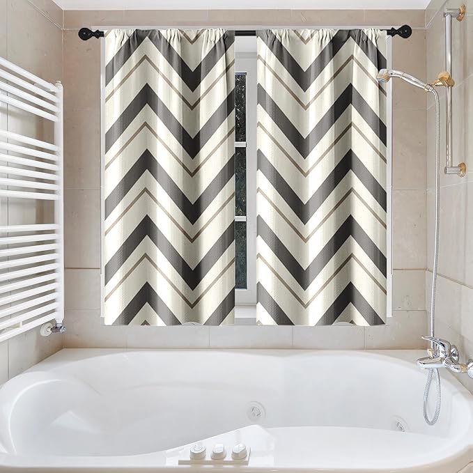 Culudea Chevron Striped Modern Beige Grey Waffle Textured Cloth Shower Curtain Set, Wave Zig Zag Minimalist Bathroom Window Waterproof Shower Curtains for Bathroom Decor