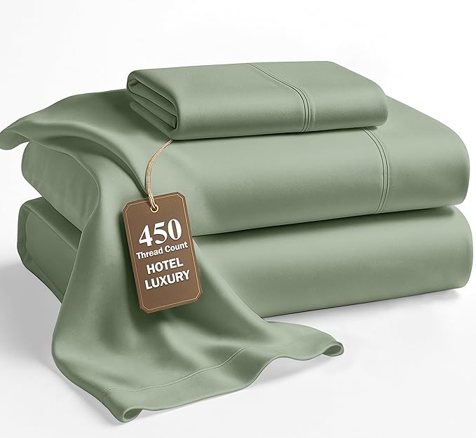 LANE LINEN Twin Sheets Set - 450 Thread Count 100% Cotton 3 Pc Twin Bed Sheets, Luxurious Satin Bedding, Breathable and Cotton Sheet - Iceberg Green