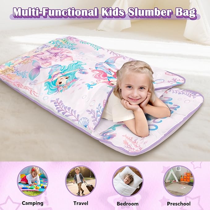 Toddler Nap Mat Kids Sleeping Bag 59"×24", Soft Slumber Bag with Removable Pillow and Blanket for Kids Girls Boys,Roll Up Sleeping Mat Thick for Camping,Daycare, Kindergarden