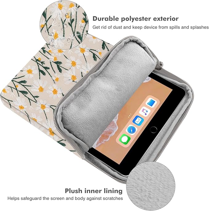 MoKo 9-11 Inch Embroidered Daisy Sleeve Pouch Fits New 11-inch iPad Pro M4/iPad Air M2 2024, iPad Air 5/4/3 10.9"/10.5", iPad Pro 11 M2, iPad 10th 10.9, iPad 9/8th Gen 10.2, Tab S8/S9 11", White Daisy