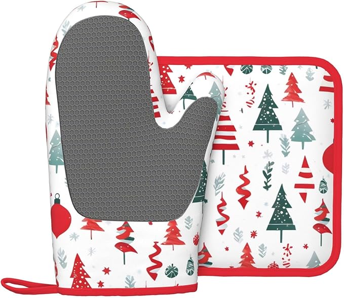 Oven Mitts and Potholders Merry Christmas Tree Silicone Glove Heat Resistant, Kitchen Gloves for Cooking, 2-Piece Set