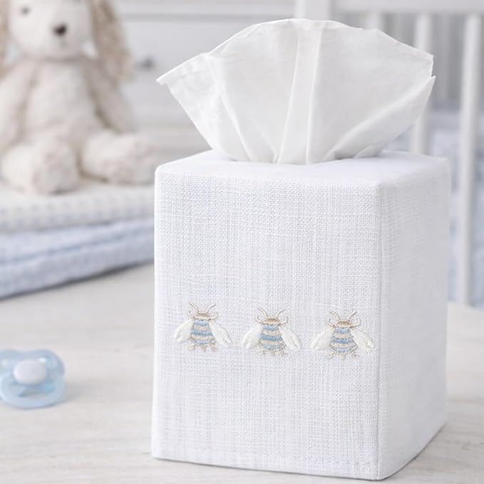 Jacaranda Living Square Tissue Box Cover, Linen/Cotton Fabric Tissue Holder, Decorative Cloth Tissue Cube Cover, Nature Designs Three Napoleon Bees (Duck Egg Blue)