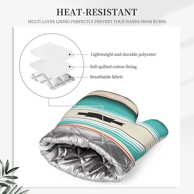 Mexican Serape Turquoise Oven Mitts Pot Holders Set Silicone Boho Ethnic Striped Kitchen Oven Mitts Heat Resistant Potholders Non-Slip 4pcs Hot Pads and Oven Gloves Sets for Cooking,Grilling