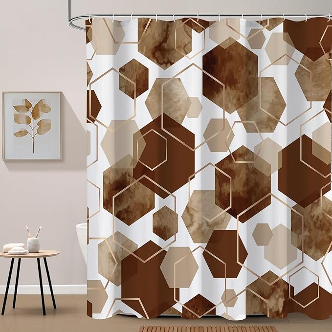 Litabel Modern Long Shower Curtain for Bathroom, Brown Geometric Art Decor Waterproof Bath Curtain, Abstract Fabric Shower Curtain Sets for Home Decor, 72x78 Inch