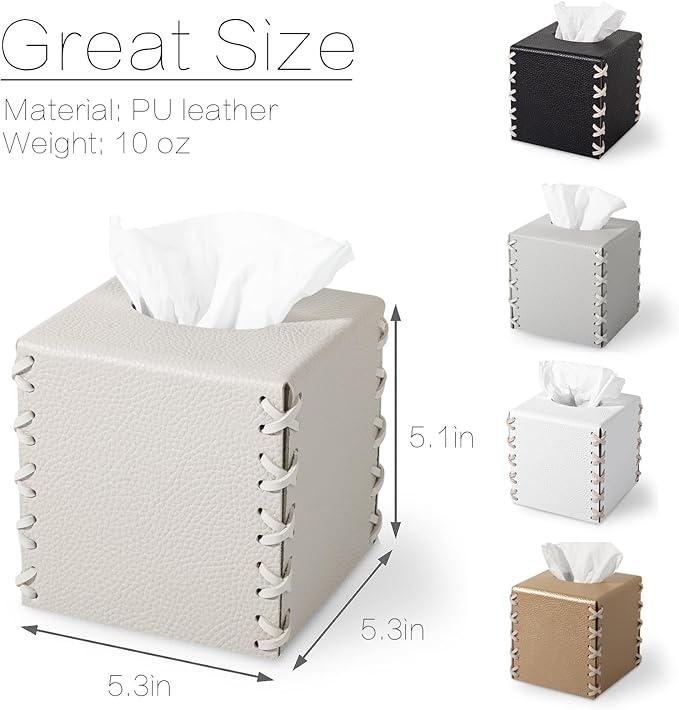 Tissue Box Cover PU Leather Tissue Holder Square Decorative Home Decor Cube Boxes for Bathroom, Kitchen, Nightstand, Office Desk Essentials, Griege