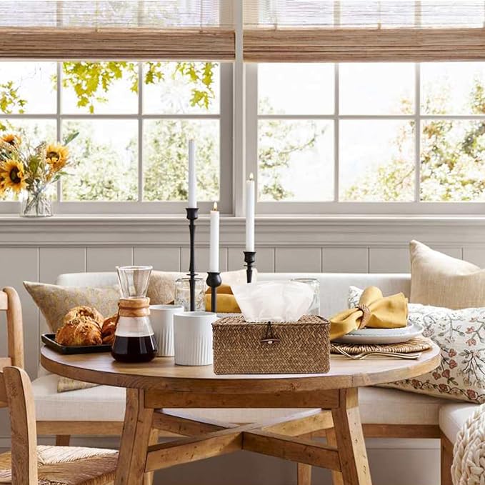 Shonmogar Country Rustic Seagrass & Metal Rectangle Tissue Box Cover, Woven Tissue Box Holder with Lid, Wicker Tissue Holder for Bathroom Toilet Living Room Bedroom Table Desk Home Office Car, Coffee