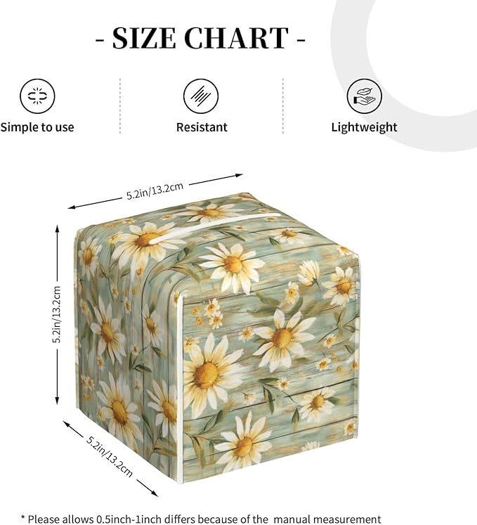 PVC Tissue Box Cover Holder,Daisy Square Decorative Organizer,5.2"X5.2"X5.2" Tissue Case for Bathroom, Tabletop, Car, Office