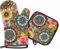Oven Mitts and Pot Holders, Bohemian Floral Kitchen Mittens and Pot Holder 2Pcs Set, Retro Pattern High Heat Resistant Kitchen Hot Pads and Mitts for Chef Cooking, Baking, BBQ, Picnic
