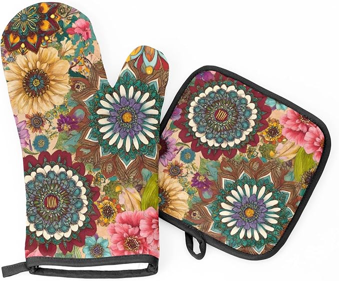 Oven Mitts and Pot Holders, Bohemian Floral Kitchen Mittens and Pot Holder 2Pcs Set, Retro Pattern High Heat Resistant Kitchen Hot Pads and Mitts for Chef Cooking, Baking, BBQ, Picnic