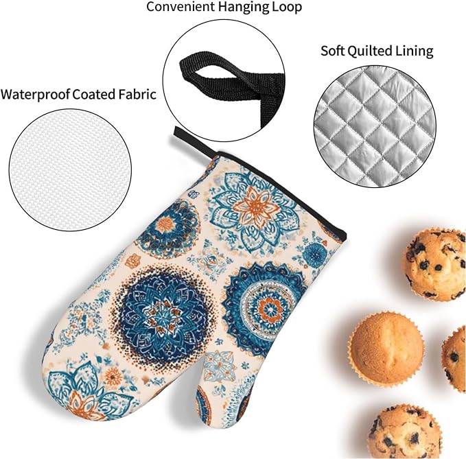 Oven Mitts and Pot Holders Sets of 4 Vintage Mandala Flower Kitchen Potholder Gloves Heat Resistant Non-Slip for Chef Baking Cooking Grilling BBQ Mittens
