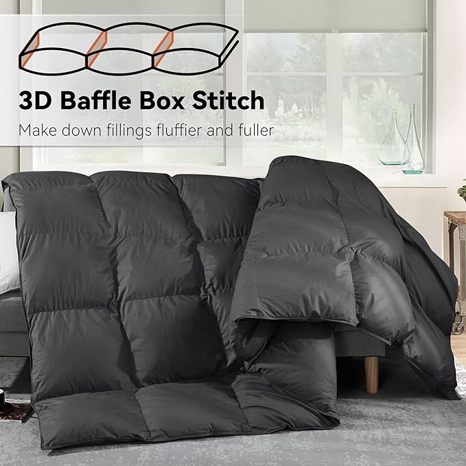 SNOWMAN Premium Down Comforter Queen Size, Luxurious All Season Duvet Insert with Cotton Blended Fabric, 3D Baffle Box Design Hotel Bedding Comforter (Dark Grey,90"x90")
