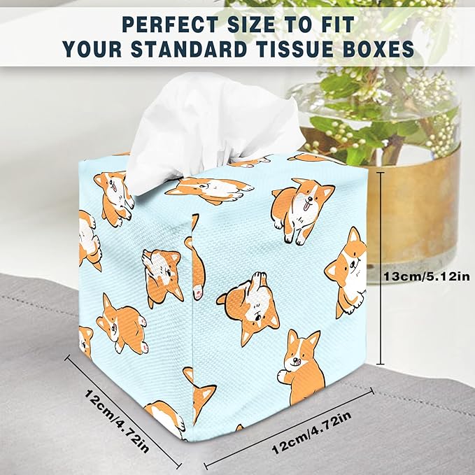 Tissue Box Cover Square Decorative Tissue Box Holder Cute Funny Cube Tissue Case Cover-Corgi Tissue Box Cover