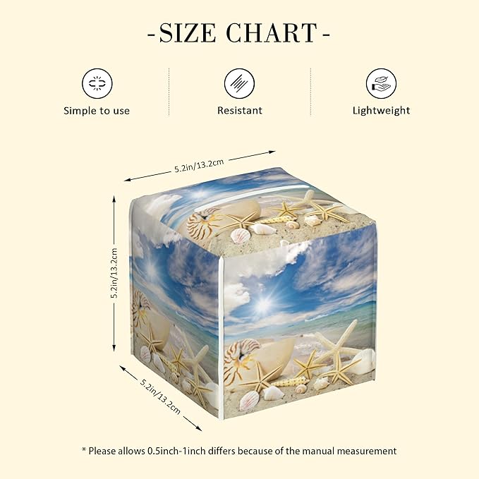 POIUBLE Seashells and Starfish on Beach Tissue Box Cover Leather Tissue Box Holder Square Facial Paper Organizer Dispenser for Bathroom Kitchen Bedroom Vanity Countertop Night Stands