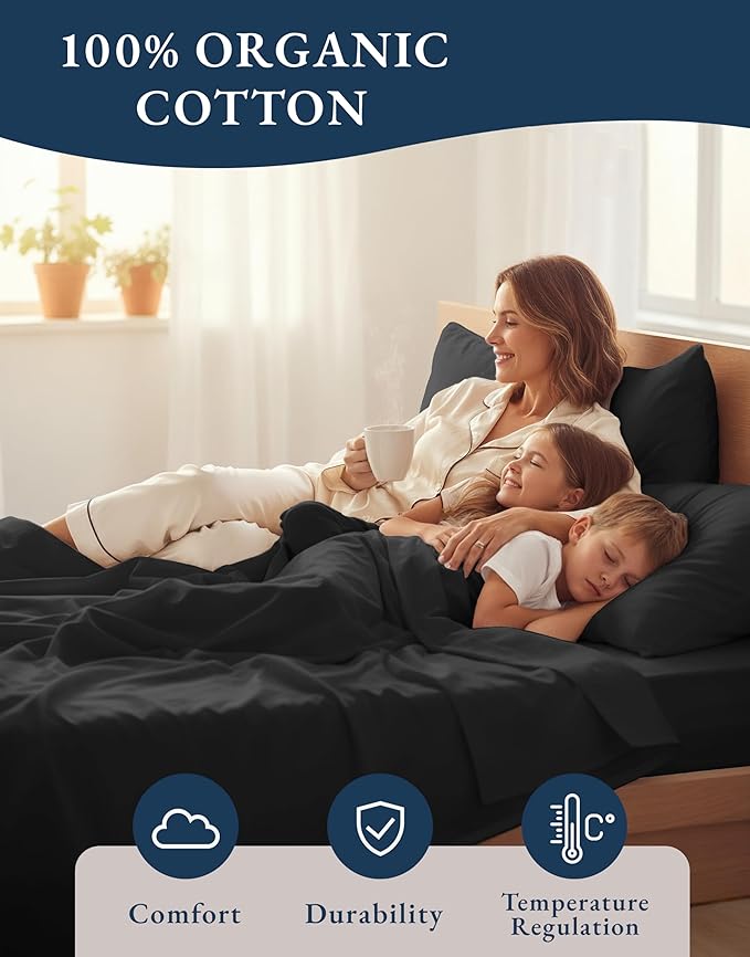 LANE LINEN 100% Organic Cotton Queen Size Sheets Set, Machine Wash Fully Elasticized Naturally Cooling Percale Weave Queen Size Deep Pocket Sheet Sets, Low Pill Eco Friendly Bed Sheets- Black