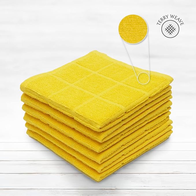 Mellow Buff 100% Cotton Terry Dish Cloth & Dish Towel, 6 Pack, Super Soft and Absorbent Kitchen Towels, Perfect for Kitchen Cleaning and Dish Washing (Yellow (Solid and Checks) 8 Pack)