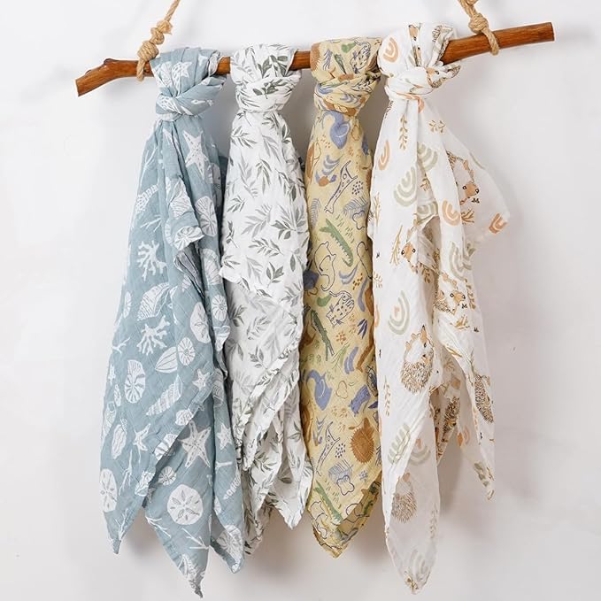 CoolaPeach 4 Set Muslin Swaddle Blankets for Newborn Baby Boys, Girls,Receiving Blankets-Cute Soft Print Baby Towel Wrap 120x110cm Baby (Animal)