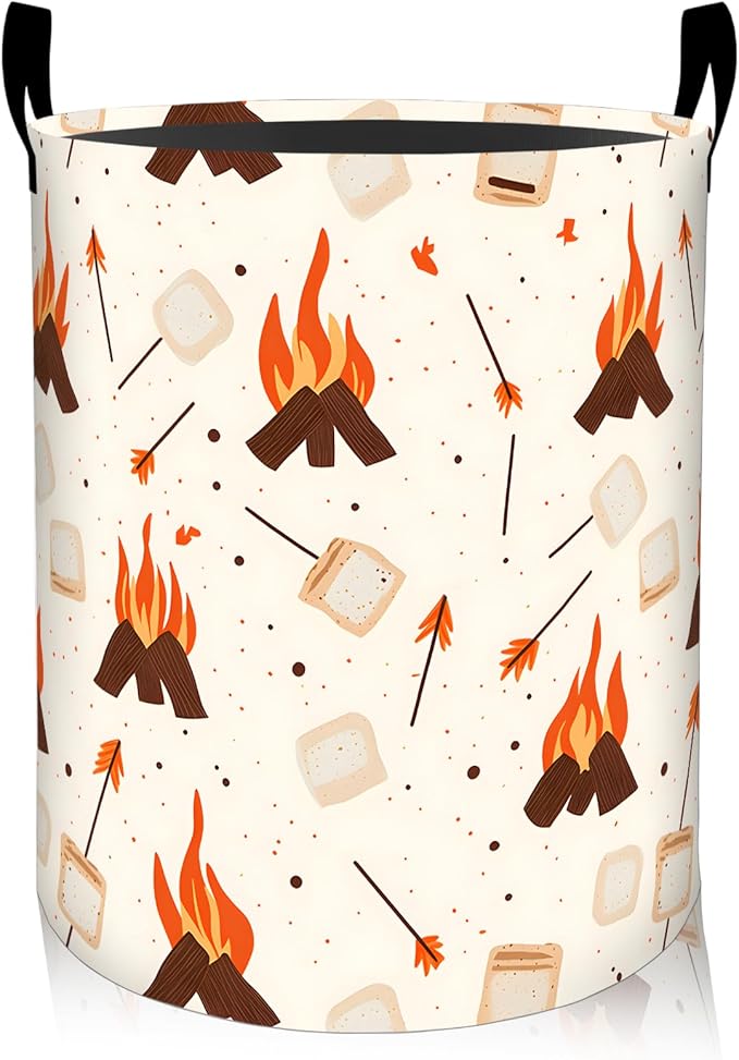 ainori Campfire Laundry Basket, Oxford Cloth Minimalist Rustic Dirty Clothes Collapsible Hamper for Room Decor, Marshmallow and Fire Print Gifts Toy Organizer 19.7*15.8 Inch for Bedroom Bathroom Dorm
