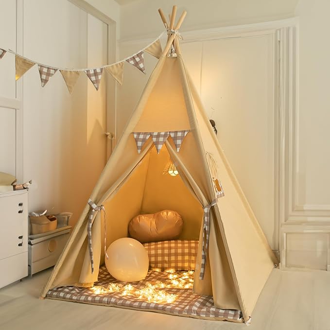 TreeBud Teepee Tent with Padded Mat Bunting Banner Fairy Lights - Print Gingham Kids Play Tent with Carry Bay for Indoor and Outdoor, Play House Toys for Toddler, Boys and Girls