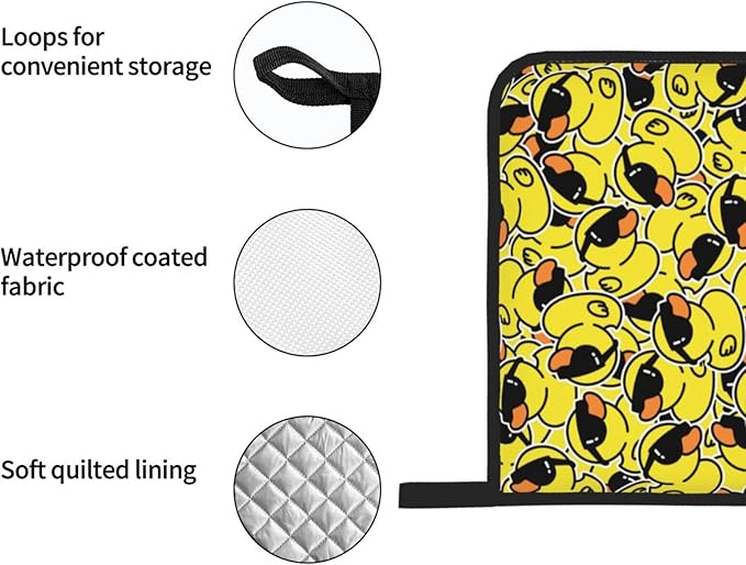 Funny Rubber Duck with Sunglasses Oven Mitts and Pot Holders 4 Pcs Set Oven Gloves and Potholders for Cooking Microwave BBQ Baking Grilling