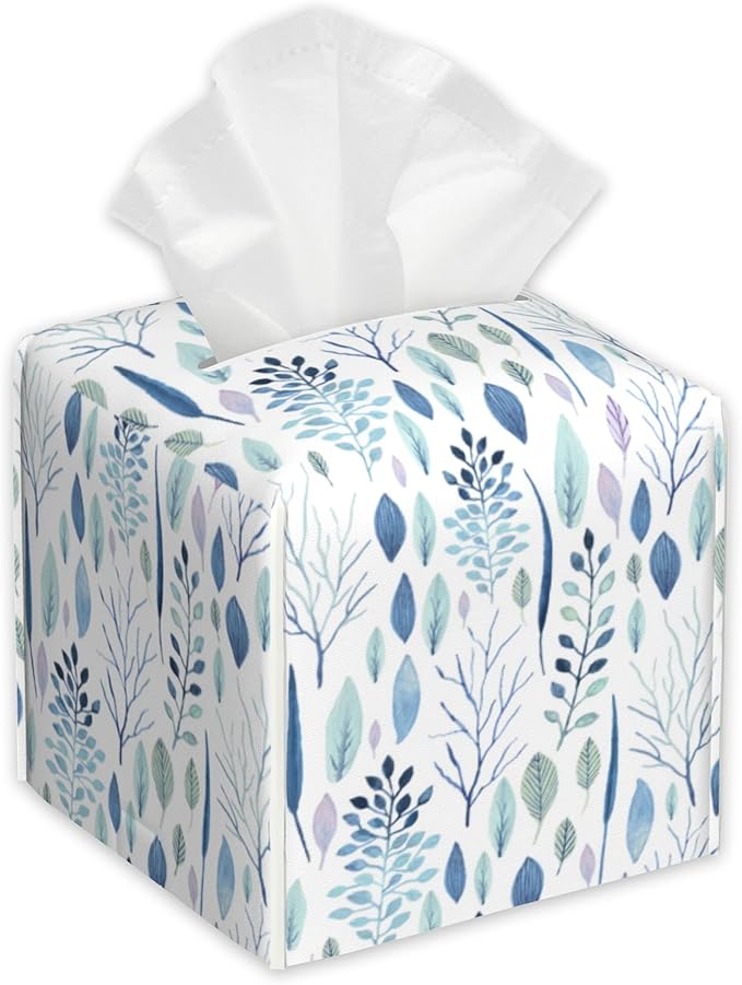 Watercolor Floral Flower Tissue Box Cover Square,Tissue Box Holder with Belt Bottom,Stylish Leather Napkin Holder for Vanity Countertop,Nightstands,Office Desk,5.2"×5.2"×5.2"