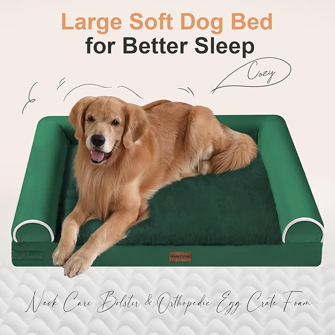 NANUYA Large Dog Bed Orthopedic Washable: Beds Bolster XXL Bed Big XLarge Dogs Egg Crate Foam Sofa Couch Waterproof Removable Cover - Emerald