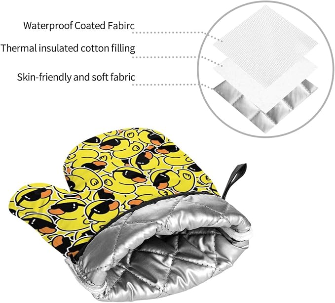 Funny Rubber Duck with Sunglasses Oven Mitts and Pot Holders 4 Pcs Set Oven Gloves and Potholders for Cooking Microwave BBQ Baking Grilling