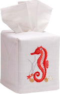 Jacaranda Living Square Tissue Box Cover, Linen/Cotton Fabric Tissue Holder, Decorative Cloth Tissue Cube Cover, Coastal Designs Seahorse & Shells, Coral
