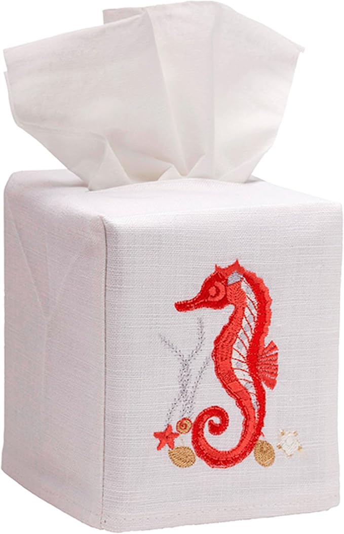 Jacaranda Living Square Tissue Box Cover, Linen/Cotton Fabric Tissue Holder, Decorative Cloth Tissue Cube Cover, Coastal Designs Seahorse & Shells, Coral
