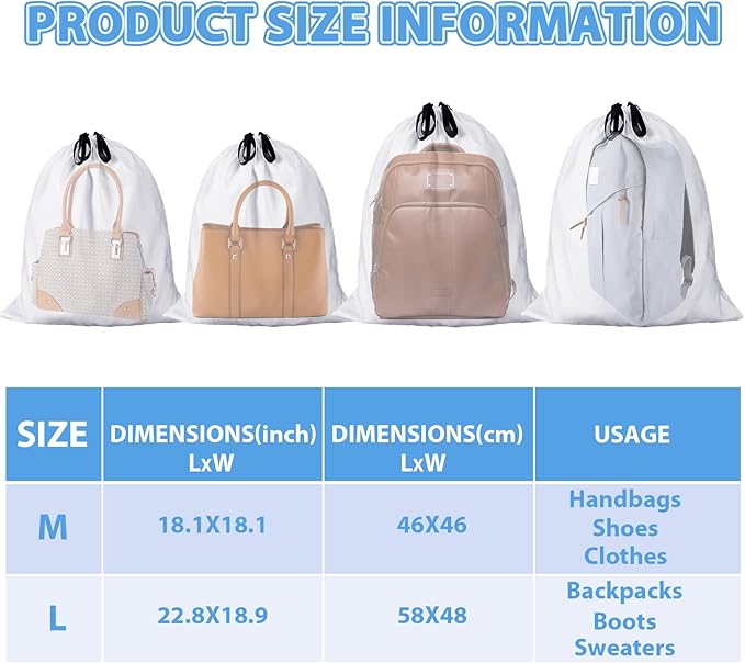 Woanger 10 Pcs Dust Cover Bags Large Cotton Breathable Bags Dustproof Drawstring Storage Bag for Shoes Purses Handbags Travel Packing Luggage Organizer Home Storage, 2 Sizes